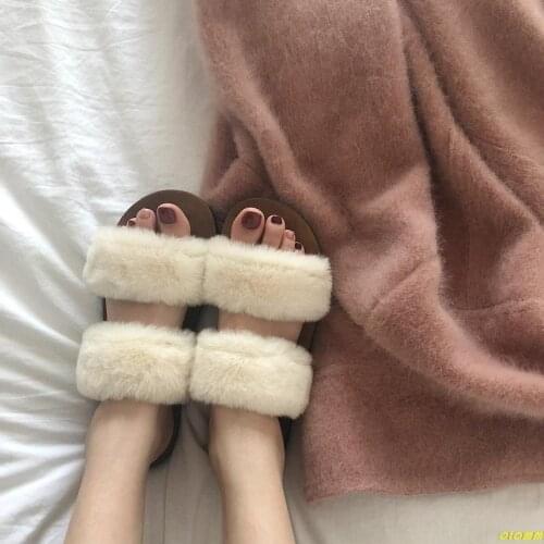 Summer Fluffy Raccoon Fur Slippers Shoes Women Faux Fur Flip Flop Flat Furry Fur Slides Outdoor Sandals Woman Amazing Shoes