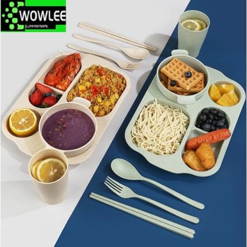 Baby Feeding Plate Goods Kids Tableware Children Crockery Toddler Spoon Fork Set Kid Food Dishes Wheat Straw Appliances