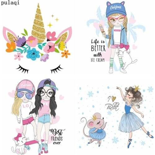 Pulaqi Cartoon Iron on Transfer for Clothes Stripe Girl Patch Heat Transfer Vinyl Thermo Sticker Iron Applique on Clothes Badge