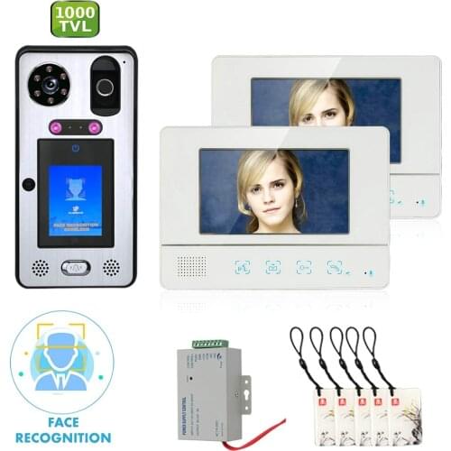 7 inch 2 Monitor Video Door Phone Doorbell Intercom System with Face Recognition Fingerprint RFIC Wired 1000TVL Camera
