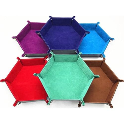 6 Colors PU Leather Folding Hexagon Dice Tray Velvet Dices Box For RPG DnD Board Games Dice Storage Container Case