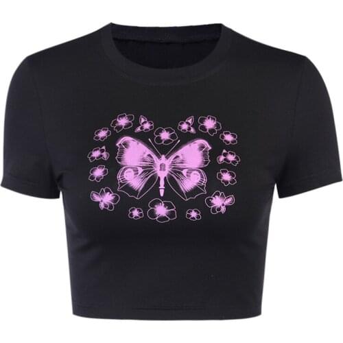 Fanco Women Summer T Shirt 2020 New Ultra-short Navel O Neck Butterfly Print Female Casual Black Short-sleeved Top