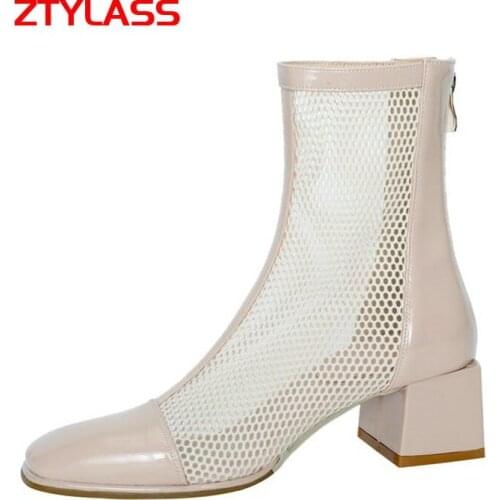 Summer Boots Women Hollow Zip Cool Ankle Boots Square High Heels Short Booties Ladies Fashion Shoes Female Size 34-43