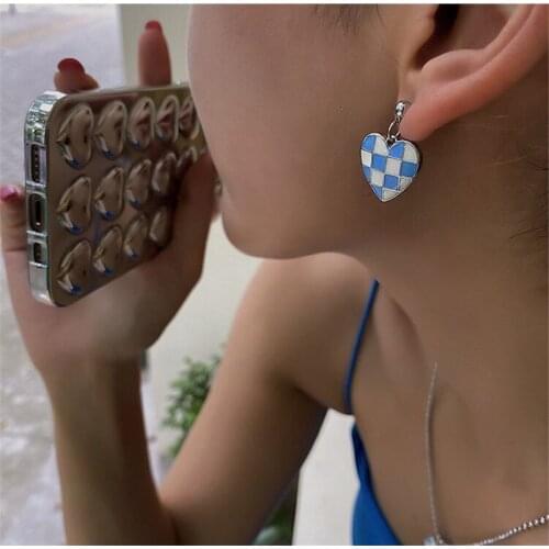 2021 New Korean Vintage Trend Black White Plaid Heart Metal Drop Earring For Women Girls Aesthetic Banquet Y2K Jewelry