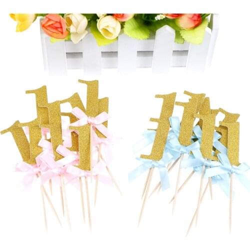 10PCS Boy Girl I AM ONE Year Gold 1 Anniversary Paper Supplies First Birthday Cupcake Toppers 1st Party Decorations
