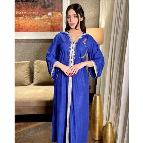 2021 Summer Fashion Style Muslim Women V-neck Long Sleeve Blue Abaya Muslim Fashion Dresses