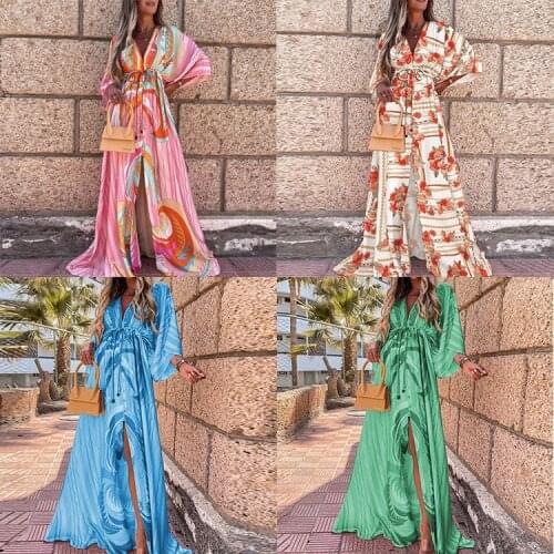 2021 autumn deep v printing button bat sleeve loose middle fork mopping temperament dress
