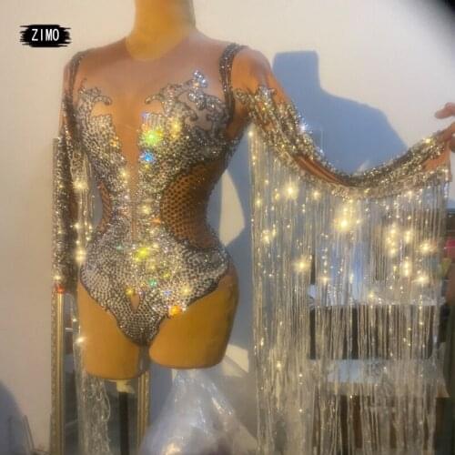 Sparkly Silver Rhinestone Sequin Tassel Party Bodysuit Women dance costume Stage Fringes Jumpsuit Club Dancer Leotard DS Singer