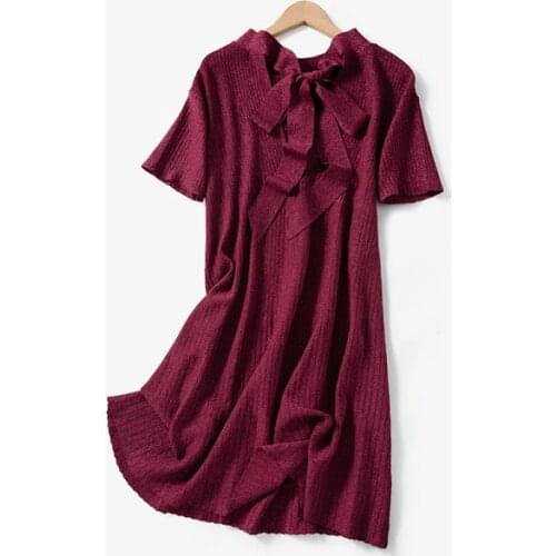 Elfbop Viscose Blend Ladies Reverse Shimmer Thread Knitted Bow Ties Short Dress - Women Navy/Burgundy Lurex Short Sleeve Dress