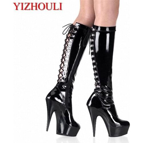 Sexy pole dancing classic round toe lace boots 6 inch platform 15 cm high heels platform knee-high boots