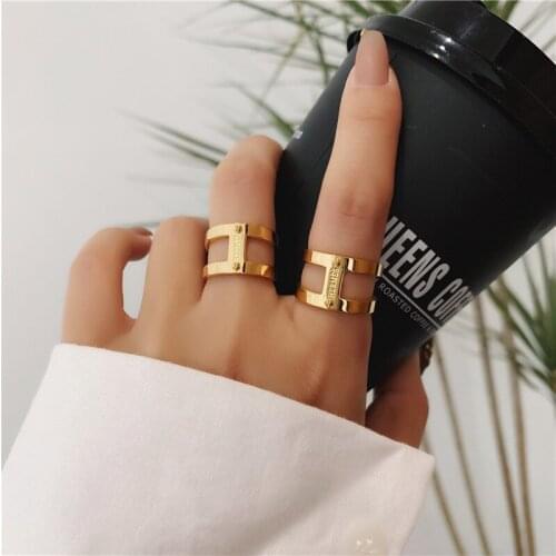 YUN RUO 2021 New Arrivals Personality Wide Version Double-layer Titanium Steel Finger Ring 18K Gold Ring Woman Jewelry Wholesale