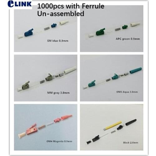 1000PCS LC fiber connector KITS with ferrule Unassembled Simplex APC SM MM OM3 OM4 3.0mm 2.0mm 0.9mm ftth LC connector accessory