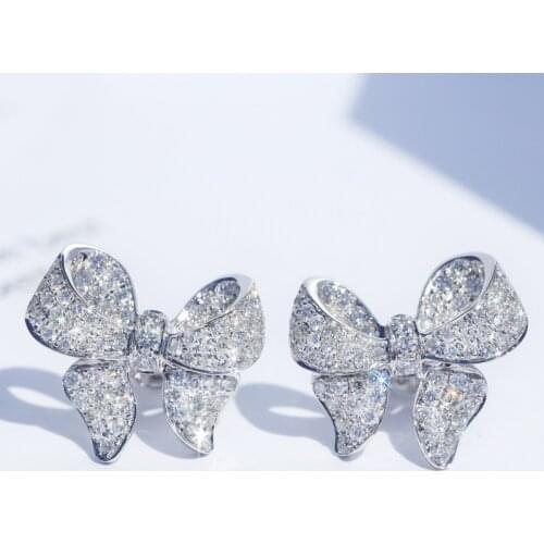 Korean Fashion 925 Silver Bow Stud Earring for Women Bling Charm Inlaid Zircon Bowknot Earring Wedding Engagement Jewelry Gift