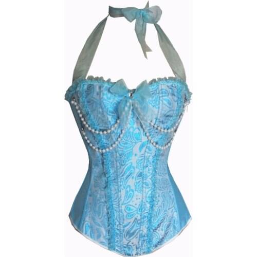 Sexy Womens Light blue Halter Lace Corset Waist Trainer Corset Body Shapewear Beading Bustier Cincher Bustier Pearl Corselet