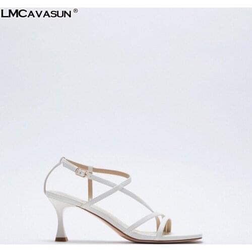 LMCAVASUN summer New womens shoes White strappy high heel fashion sandals
