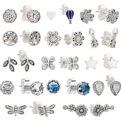 Lomeo 925 silver shining crown, daisy, hot air balloon and love, dragonfly, tree of life earrings, simple and small