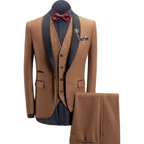 Mens Suit 3 Piece Red Brown Lapel Single Breasted Retro Wool Tweed Slim Fit Men For Wedding Dress Mens Suit Blazers+Vest+pants