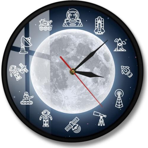 Outer Space Astronaut Round Time Clock Space Travel Moon Wall Art Modern Wall Clock Wall Watch Science Surreal Galaxy Wall Decor