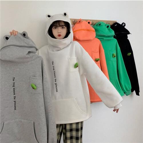 2021 New Autumn Winter Frog Pullover Zipper Long-sleeved Solid Color Womens Top Letter Pocket Loose Cute Warm Womens Hoodie