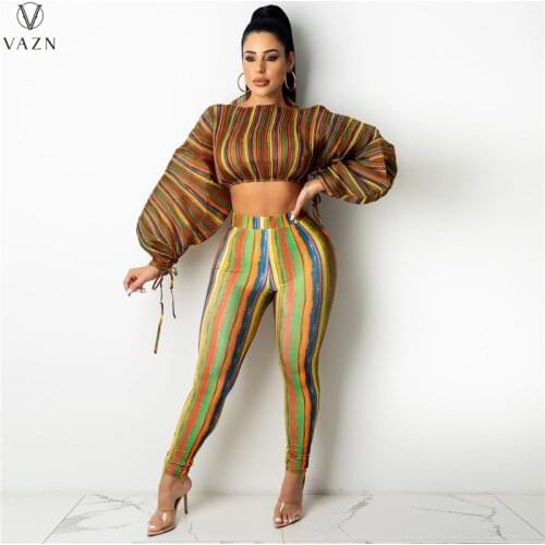 VAZN New 2021 Ladies Fashion Street Casual Style Women Suit Long Sleeve Short Top Elastic Long Pants Striped Two Piece Sets