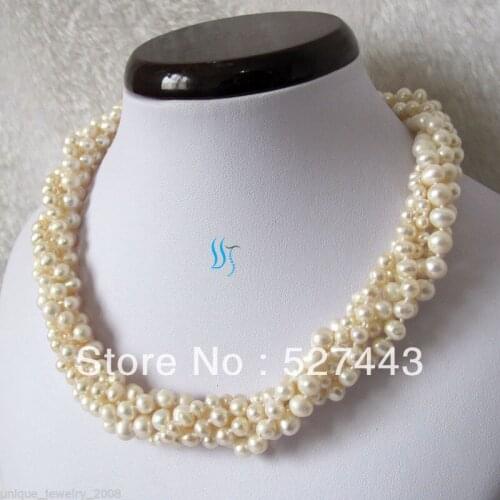 Wholesale free shipping 16" 3-7mm 5Row White Freshwater Pearl Necklace Off Round Chocker