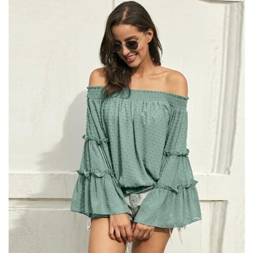 Sexy One-neck Top Womens 2021 New Horn Long-sleeved Chiffon Strapless Hollow Loose Temperament Top