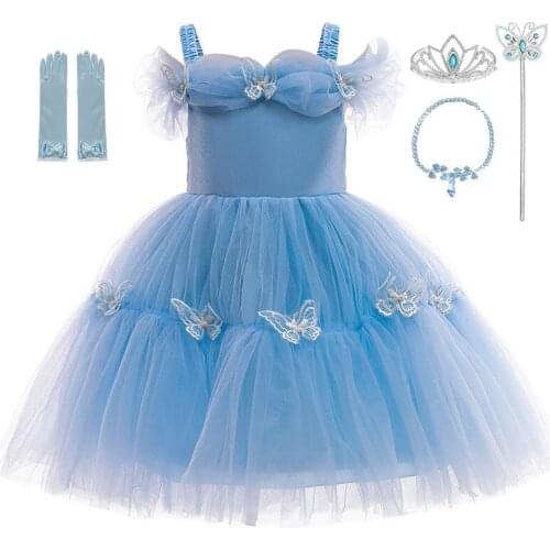 Girls Cinderella Princess Dress Fancy Girl Blue Evening Sleeveless Gown Dress Children Fantasy Halloween Party Cosplay Costume
