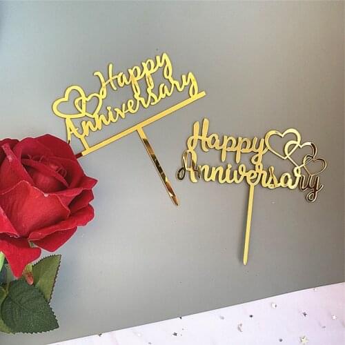 Promotional Happy Anniversary Cake Topper Acrylic Rose Gold Silver Cupcake Topper for Birthday Wedding Party Cake Decorations