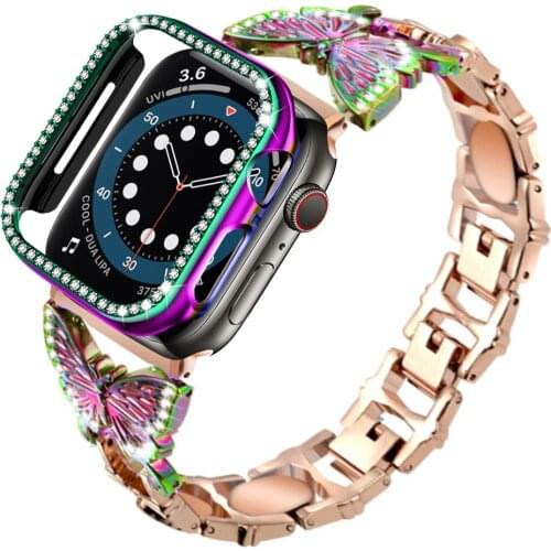 For apple watch 6 se band + case 44 40mm series 5 4 for iwatch 3 42mm 38mm strap Jewelry Stainless Steel Bracelet and bling case