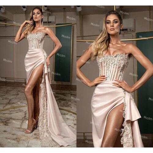 Sexy High Split Mermaid Prom Dresses With Lace Charming Beaded Long Satin Formal Evening Gowns 2020 Robe De Bal Femme trouwjurk