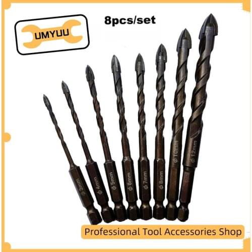 UMYUU 8pcs/set Cross Hex Tile Bits Glass Ceramic Concrete Hole Opener Alloy Triangle Drill Size 3/4/5/6/7/8/10/12 mm