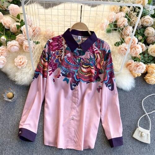 High-quality Summer New Style Blouses Fashion Lapel Printing Long-sleeved Loose Slim Top