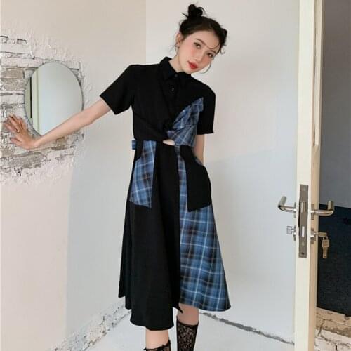 ZCSMLL 2021 Short-sleeved High-waist Vintage Fashion A-line Dress Sweet Blue Black Irregular Women Dress Summer Tide