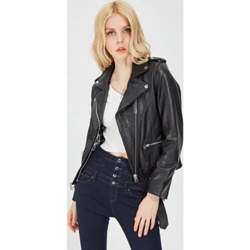 Women Classic Biker Style Genuine Leather Jacket Belted Slim Fit Short Outwear Casual Female Motor Windproof Sheepskin Jacket