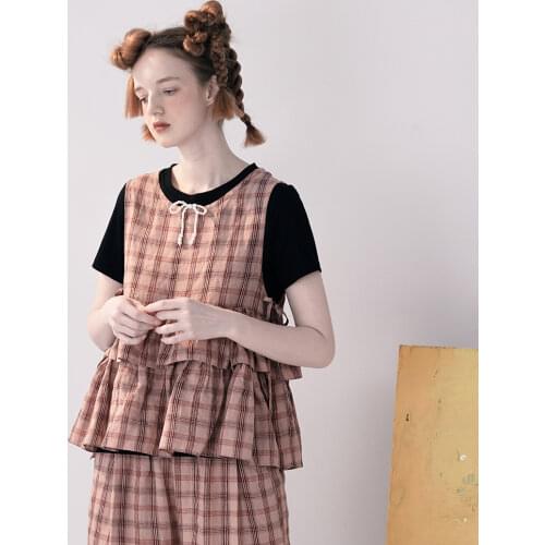 Imakokoni ruffled plaid vest overalls sweet outer wear vest wild sleeveless top summer 213315
