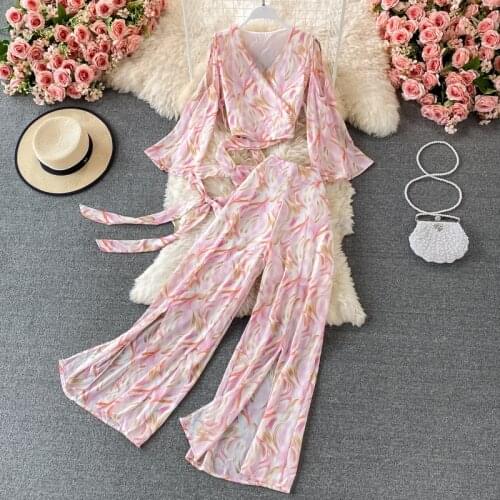 Seaside Holiday Fashion Ladies Suit 2021 Summer Women Short Sleeve V-neck Bandage Top Chiffon Printed Two Piece Wide Leg Pants