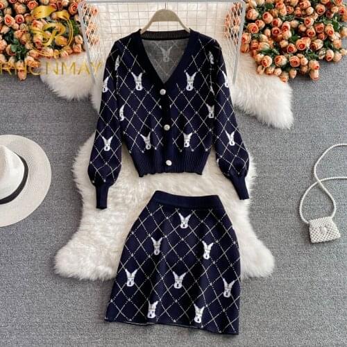 New Knit Suits Ladies Temperament Autumn New V-Neck Cardigan + High Waist A-Line Skirt Sweet Rabbit Print Two-Piece Sets