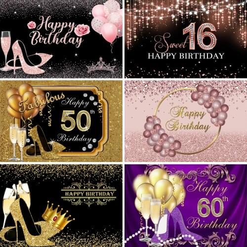 13 Options Sweet 16 18 Lady Woman Happy 30th 40th 50th 60th Birthday Party Backdrop Gold Black Purple Glitter Adult Background