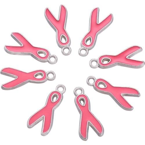 PandaHall 20pc 19x8x1mm Breast Cancer Pink Awareness Ribbon Alloy Enamel Pendants for Jewelry Making DIY Findings Accessories