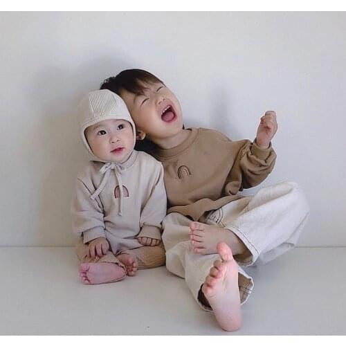 2021 Korean Style Hot Sale New Autumn Kids Boys Girls Hoodies Embroidery Rainbow Long Sleeves Sweatershit Children Outfits E2750