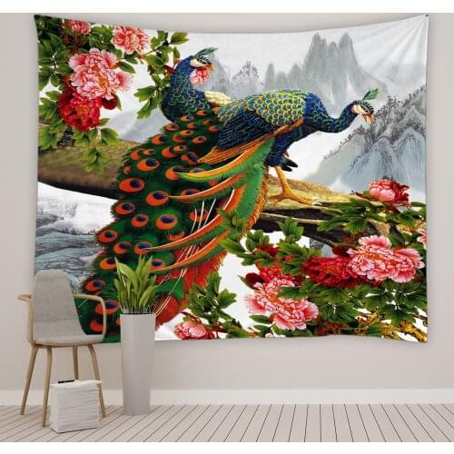 Beautiful Birds Tapestry Peacock Peony Flower Plant Butterfly Polyester Fabric Living Room Bedroom Dormitory Bedside Decor Cloth