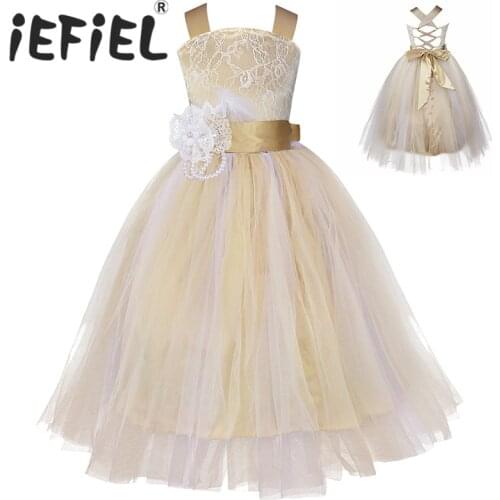 Girls Flower Tulle Lace Tutu Crossed Back Dress for Weddings Bridesmaid Evening Party Formal Maxi Floor Length Floral Dress