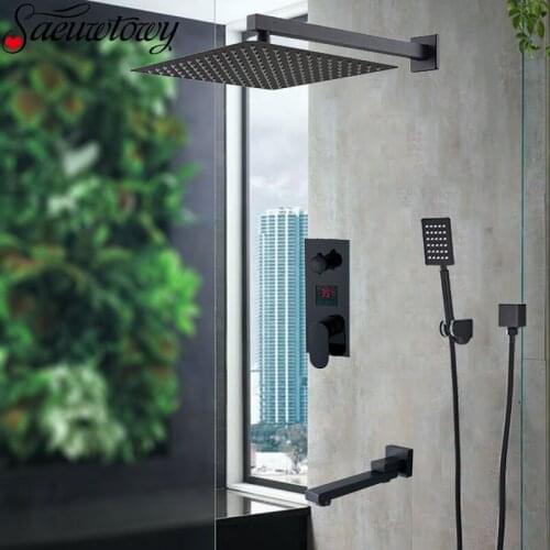 Matte Black Bathroom Shower Digital Display Shower Faucet Rain Concealed With Rotatble Spout Shower Faucet Cold And Hot Mixer