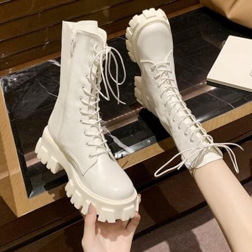 2020 New White Martin Womens Boots Plus Velvet Straps Fashion Shoes Thick-soled Leather Female Platform Mid-calf Boots