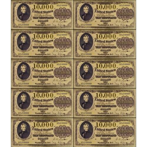 NEW 24K America Colorful Gold Banknote 10000 Dollars Gold Plated Banknote for Souvenirs Fake Bank Note Bills 10pcs/lot
