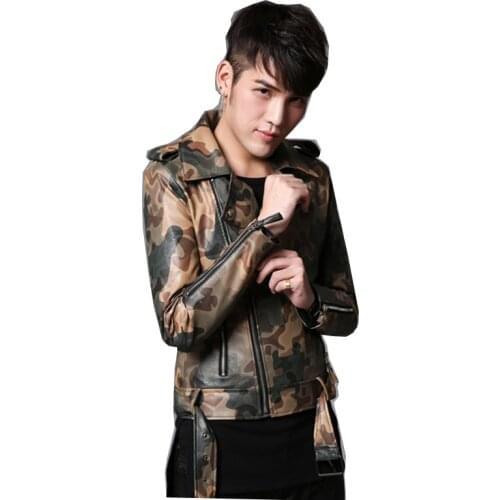 2020Autumn And Winter New Camouflage Casual Long Sleeved Motorcycle Short Leather Jacket Slim Fit Mens