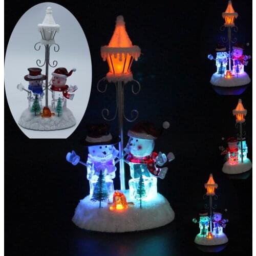 Holiday Home Decor Collectible Figurines Scene with RGB Led Light Snowmen and Street Lamp Battery Operated