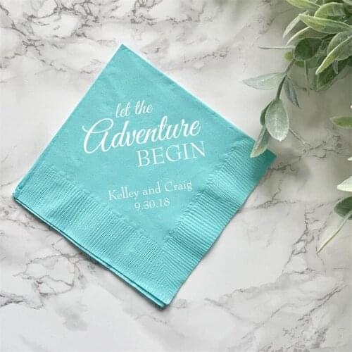 Let The Adventure Begins - Personalized Wedding Napkins, Rehearsal Dinner, Engagement Party, Custom Bar Napkins Wedding Napkins