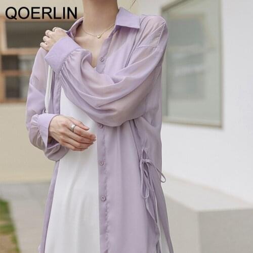 QOERLIN See Through Sexy Side Slit Lace-Up Shirt Women 2021 Summer New Korean Japanese Chic Button Up Casual Oversize Top Blouse