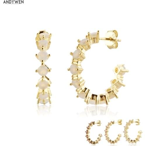 ANDYWEN 925 Sterling Silver Gold 15mm Opals Zircon CZ Crystal Hoops Circle Piercing Pendiente Earring Round Luxury Jewelry Clips